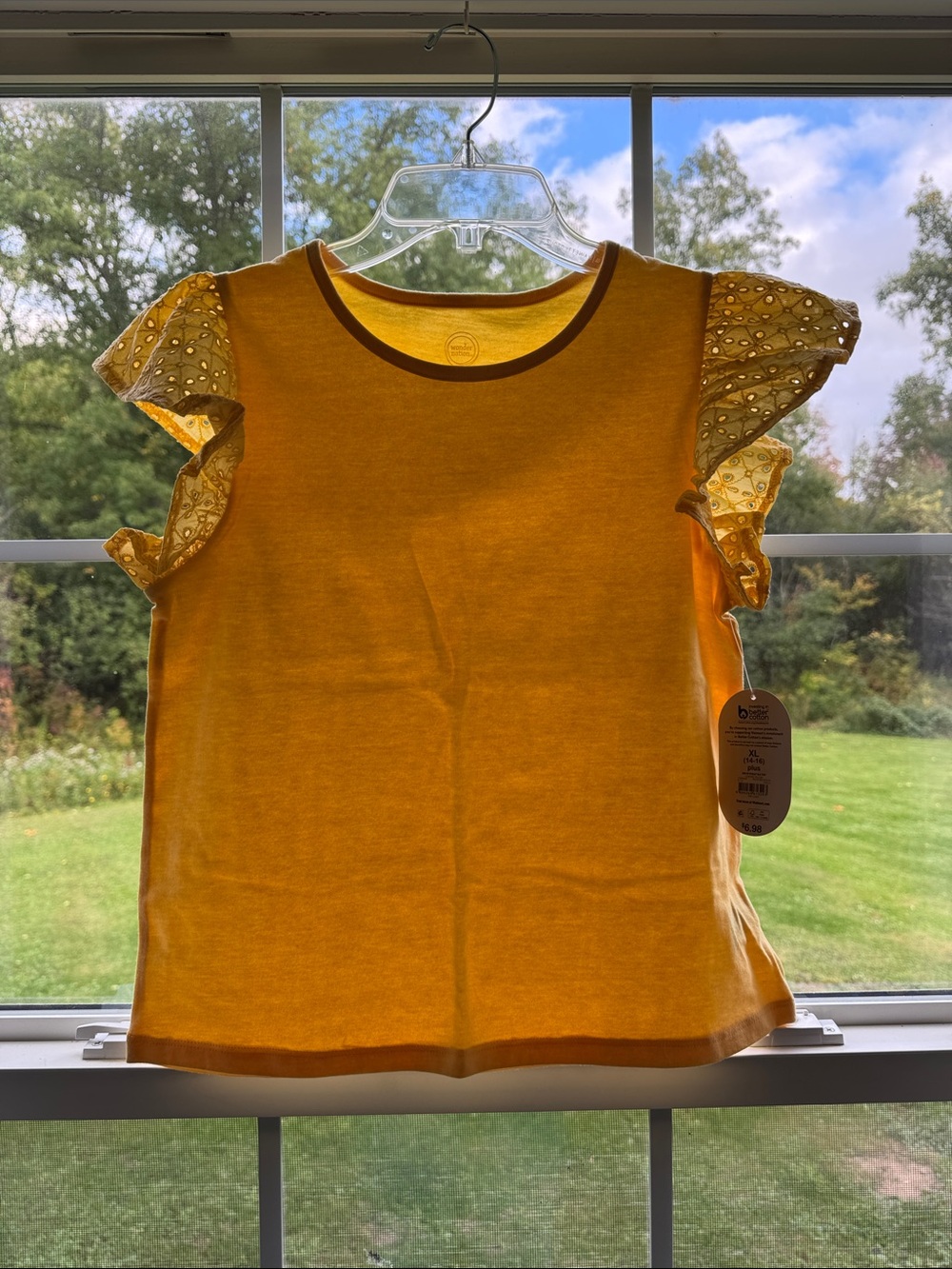 Wonder Nation Girls' Yellow Flutter Sleeve Tee. Girl’s size XL 14-16 Plus. NWT!